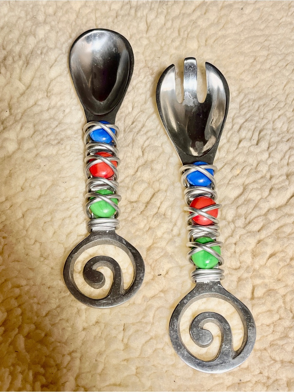 Artisan Metal Salad Serving Spoon Fork Set Wire Wrapped Colorful Stone Handles